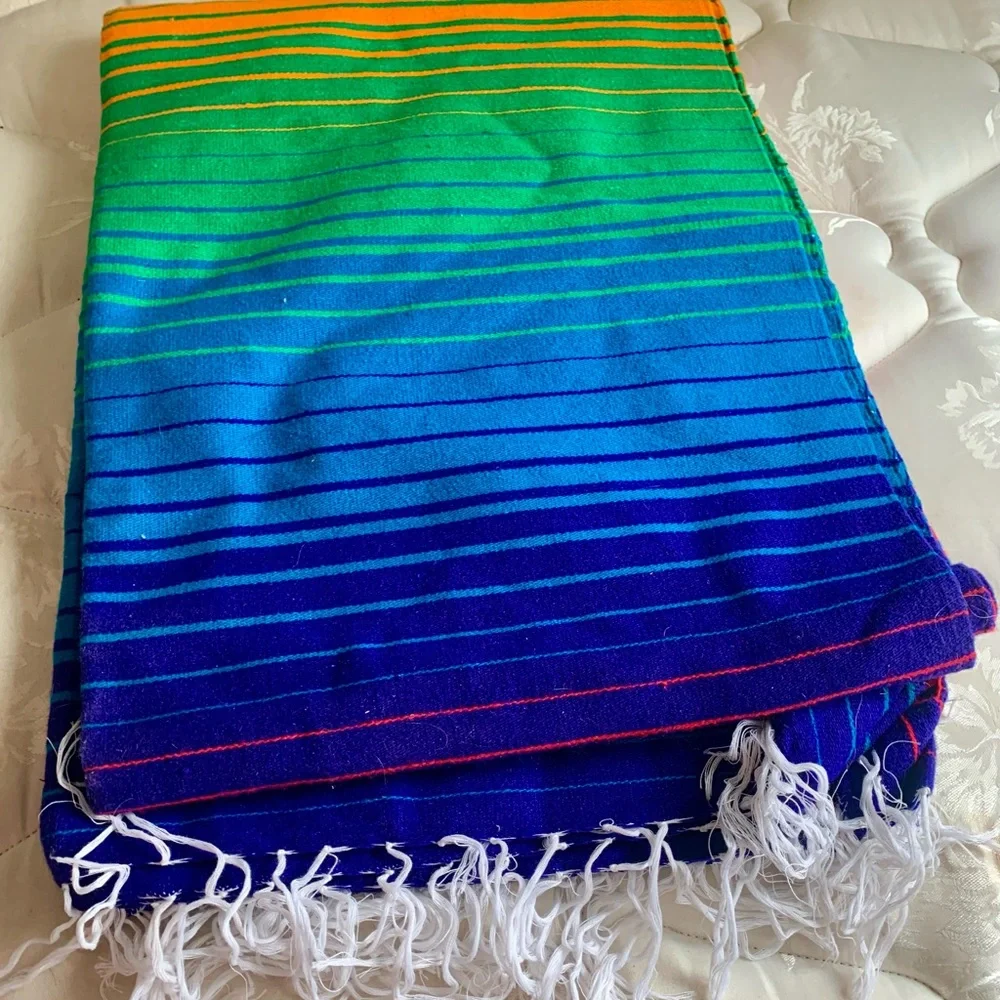 VTG 80's Mexican Serape Saltillo XL Fine Wool Blanket Throw Rug Rainbow